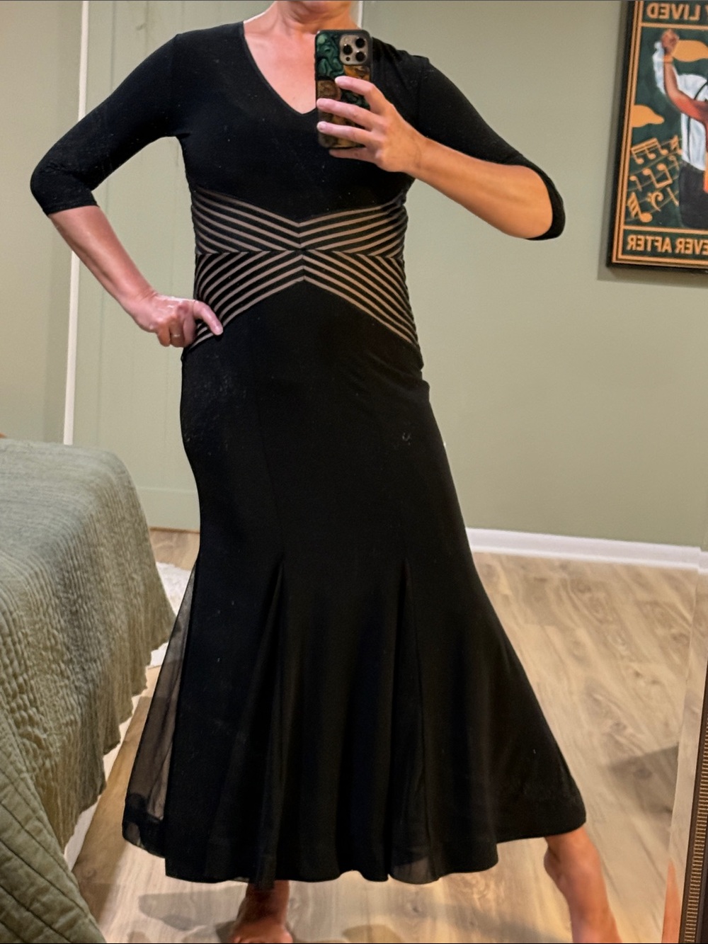 Black V-Neck Maxi Dress with Sheer Striped Waist
